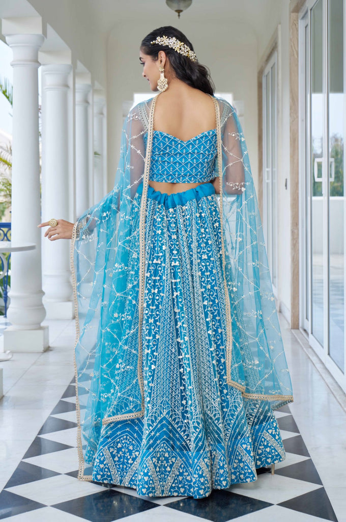 Women's Sky Blue Net Thread Embroidery Lehenga Set