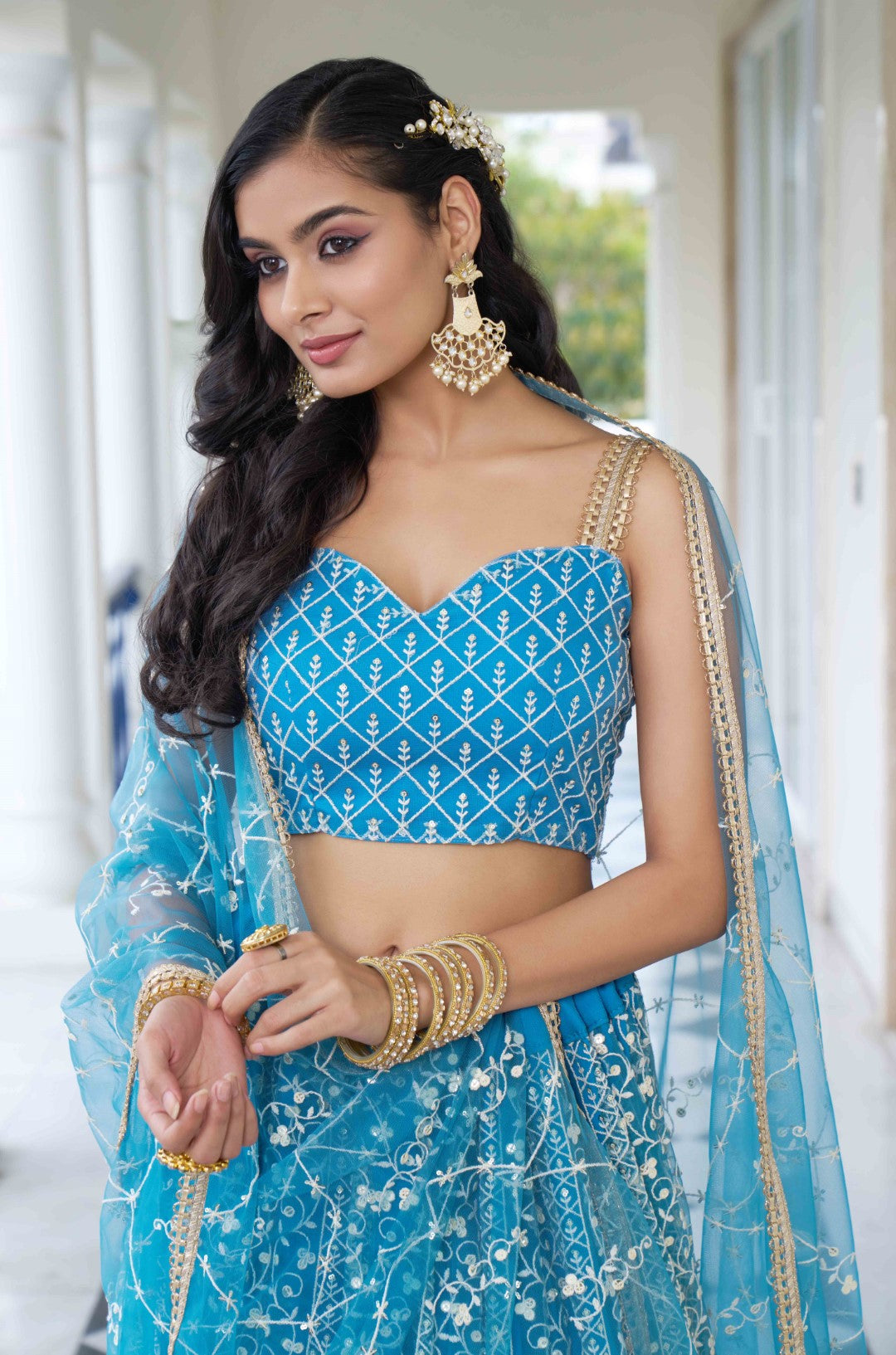 Women's Sky Blue Net Thread Embroidery Lehenga Set - Gruhnaree