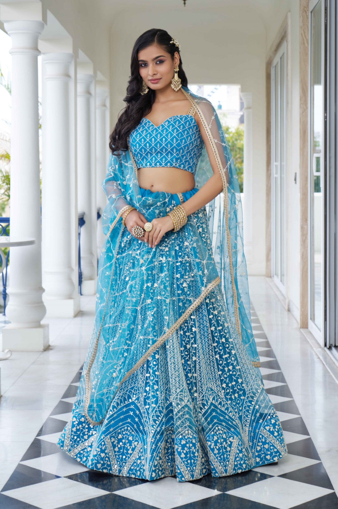 Women's Sky Blue Net Thread Embroidery Lehenga Set - Gruhnaree