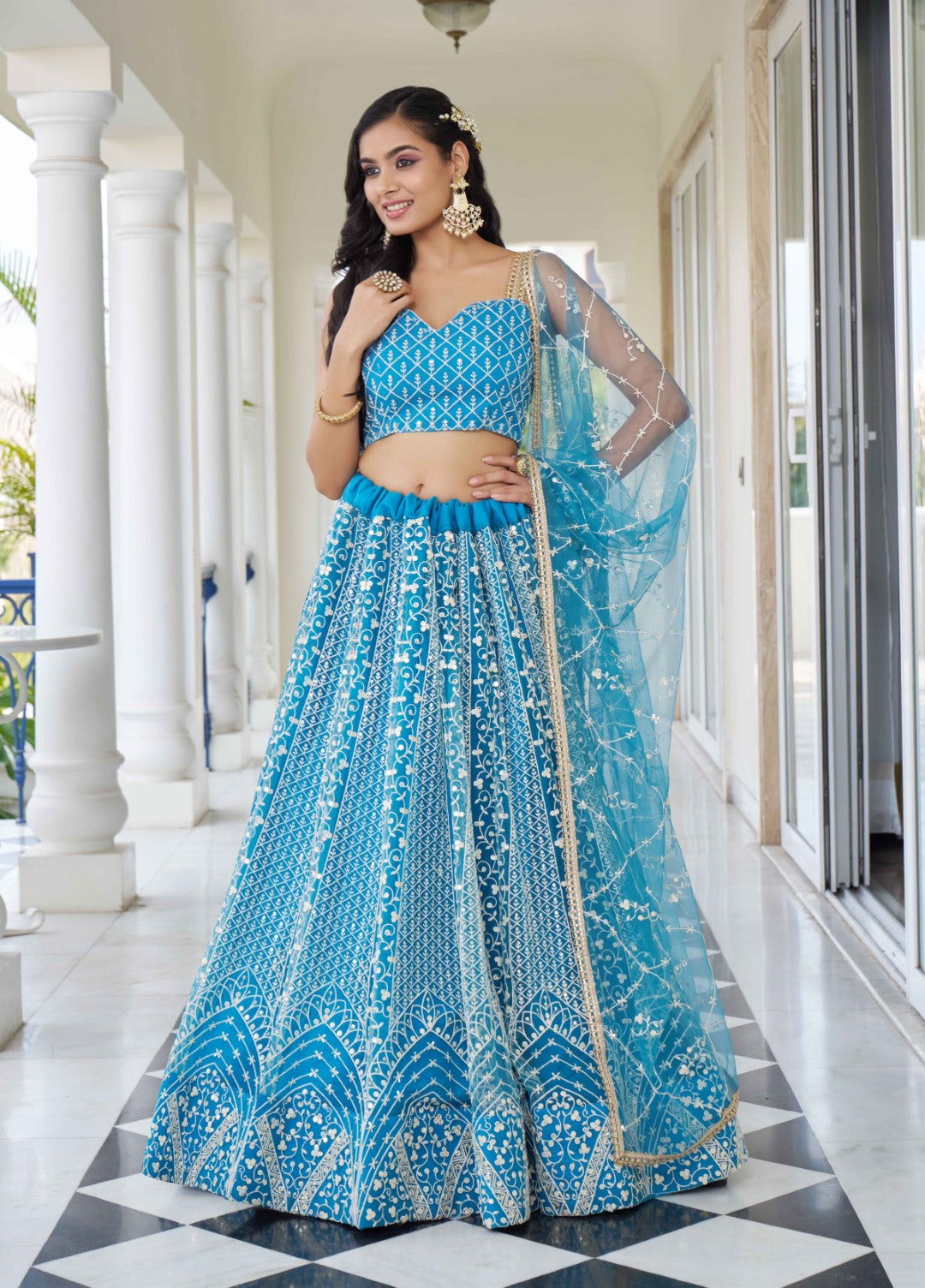 Women's Sky Blue Net Thread Embroidery Lehenga Set - Gruhnaree