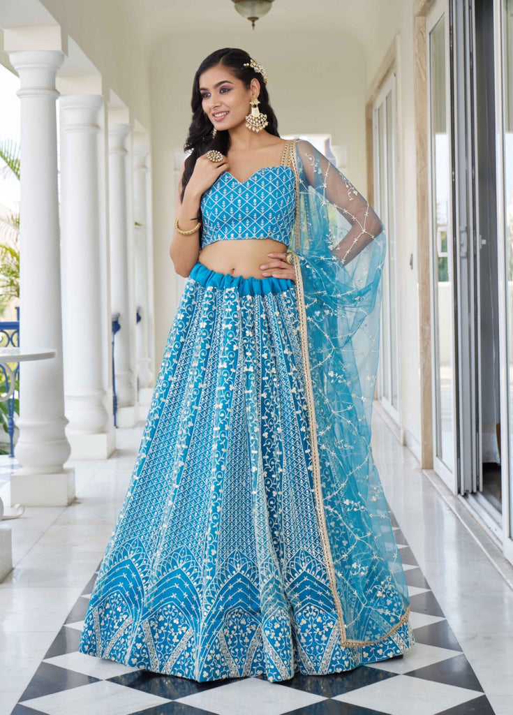 Women's Sky Blue Net Thread Embroidery Lehenga Set