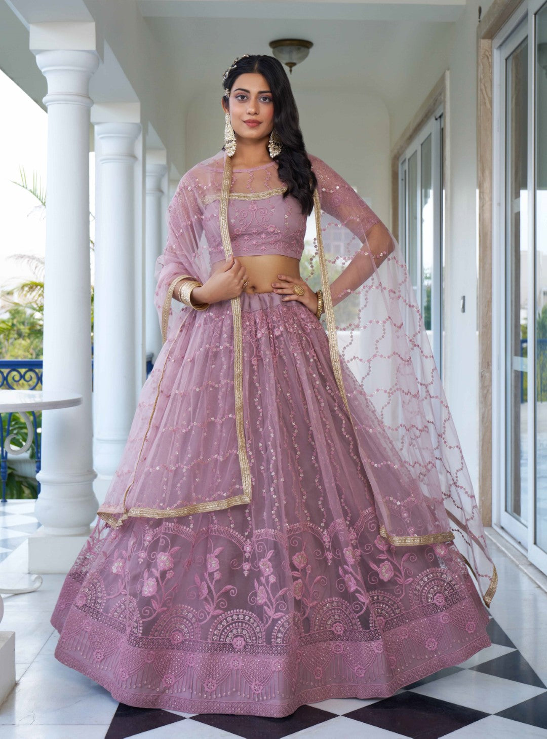 Women's Dusty Pink Net Thread Embroidery Lehenga Set - Gruhnaree