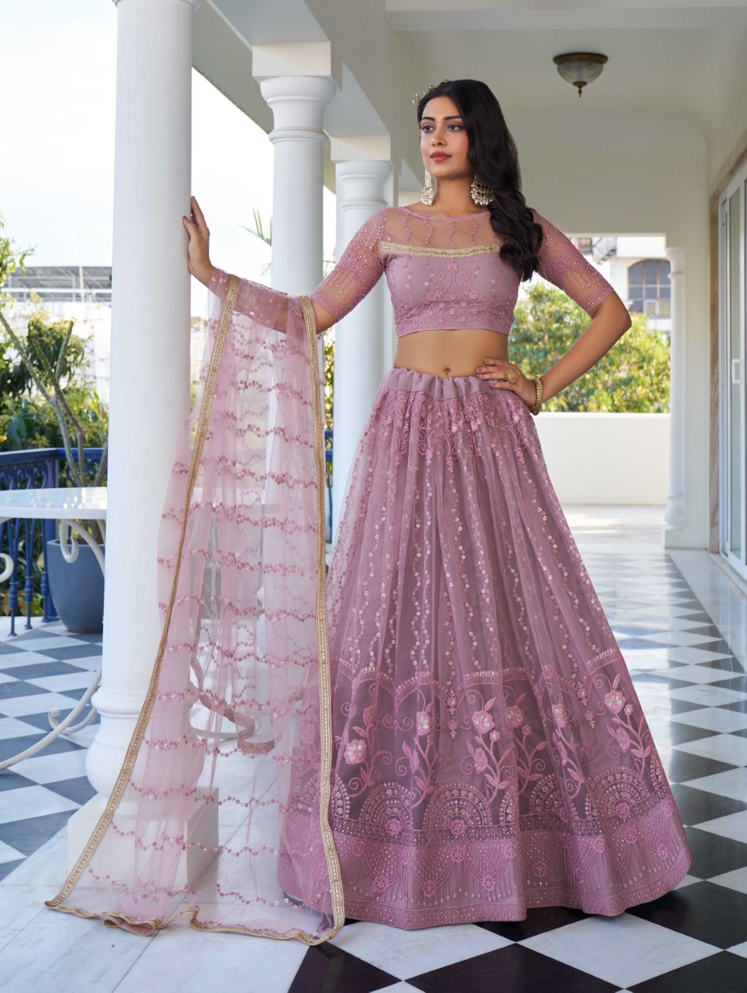 Women's Dusty Pink Net Thread Embroidery Lehenga Set - Gruhnaree