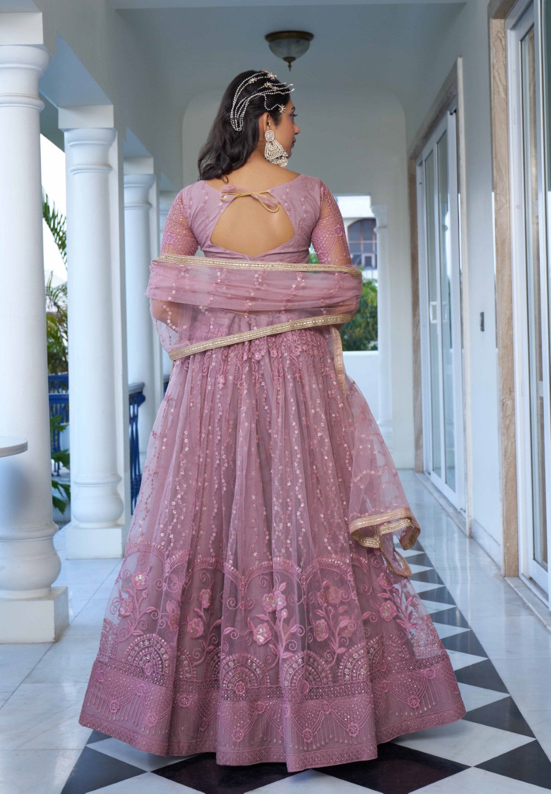 Women's Dusty Pink Net Thread Embroidery Lehenga Set - Gruhnaree