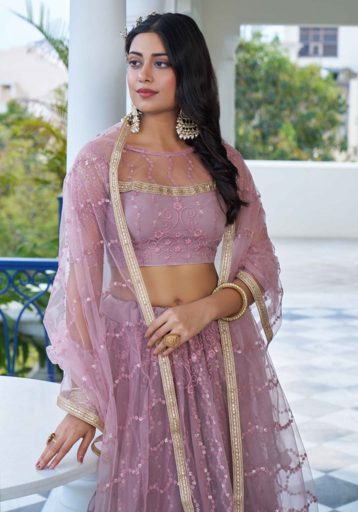 Women's Dusty Pink Net Thread Embroidery Lehenga Set