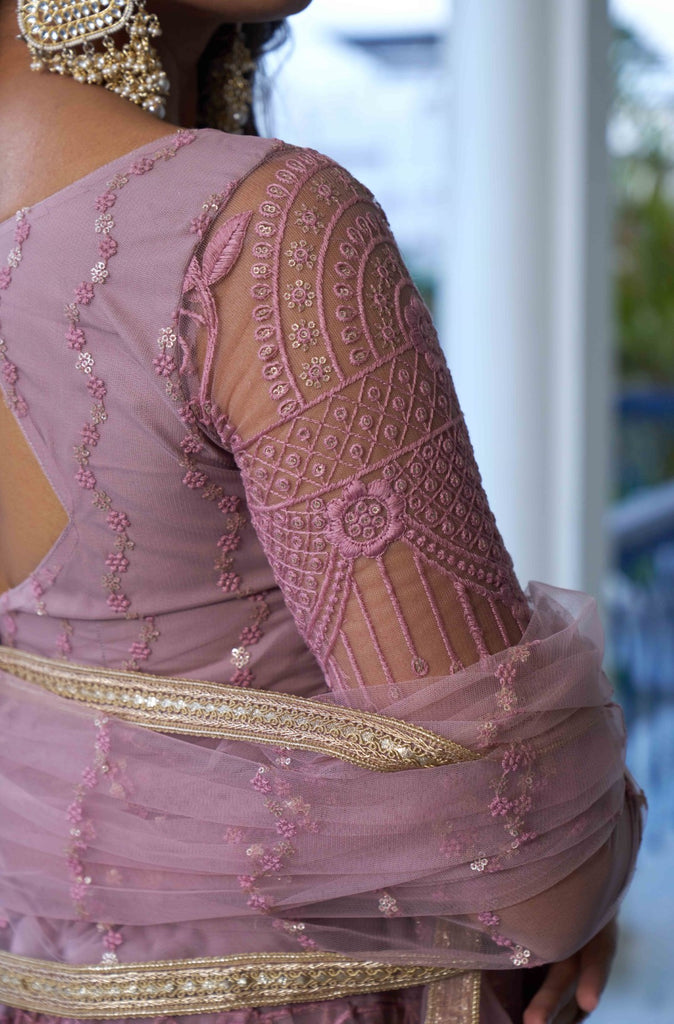 Women's Dusty Pink Net Thread Embroidery Lehenga Set