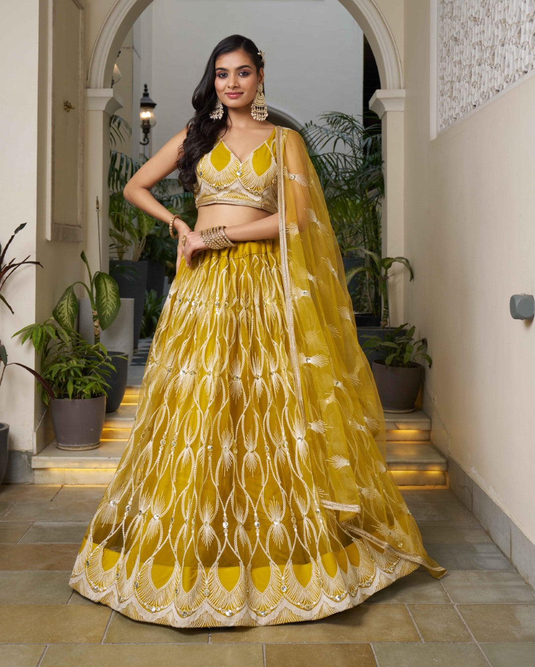 Women's Mustard Yellow Net Thread Embroidery Lehenga Set - Gruhnaree