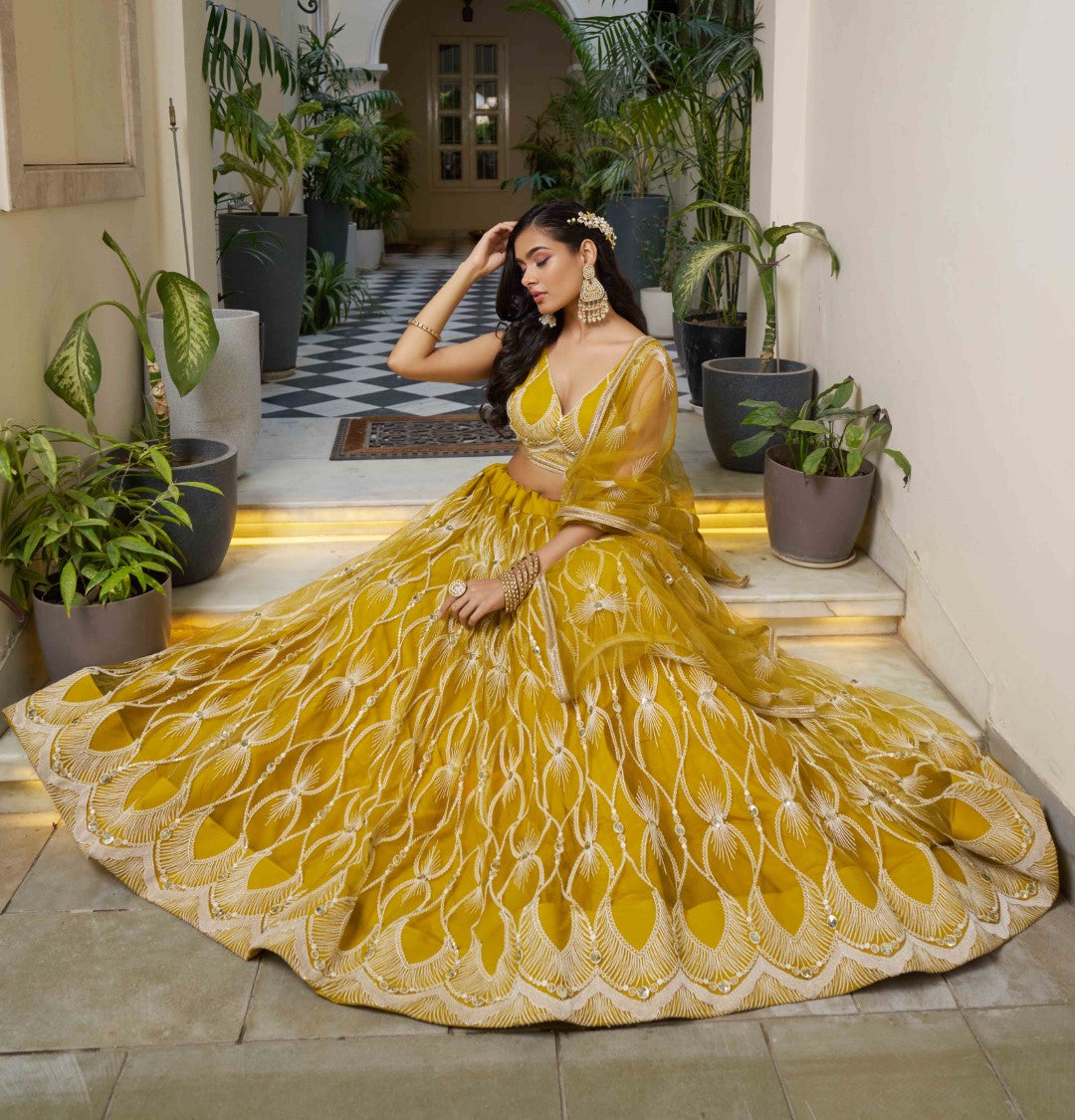 Women's Mustard Yellow Net Thread Embroidery Lehenga Set - Gruhnaree