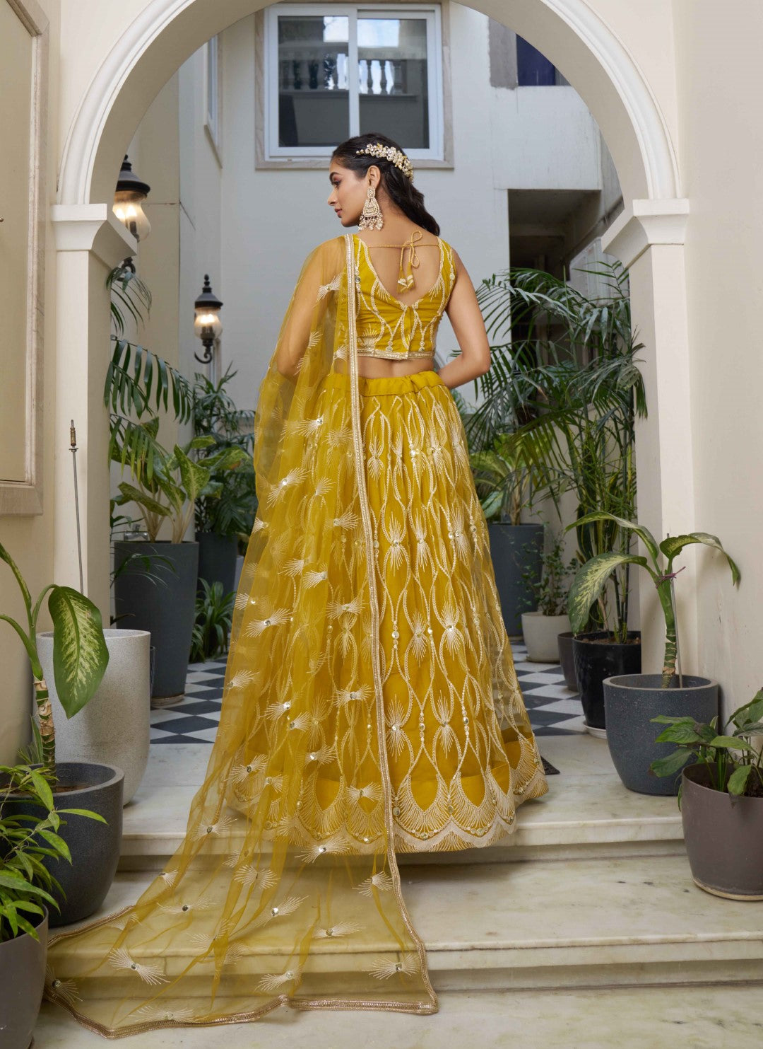 Women's Mustard Yellow Net Thread Embroidery Lehenga Set - Gruhnaree