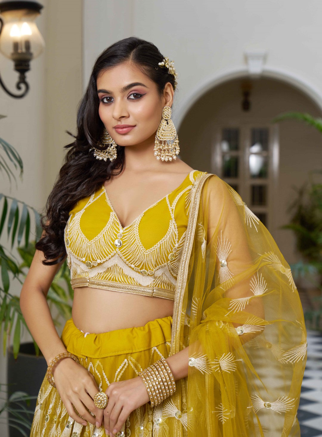 Women's Mustard Yellow Net Thread Embroidery Lehenga Set - Gruhnaree