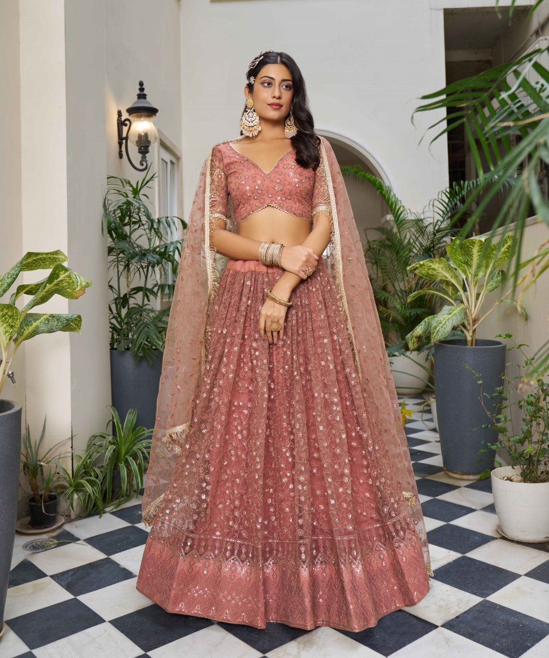 Women's Rust Net Thread Embroidery Lehenga Set - Gruhnaree