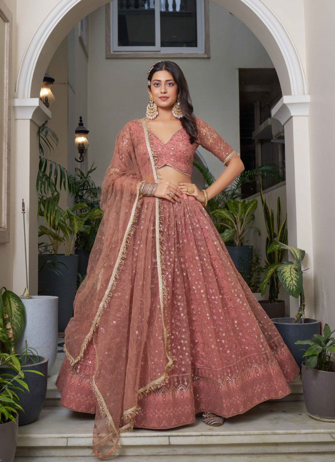 Women's Rust Net Thread Embroidery Lehenga Set - Gruhnaree