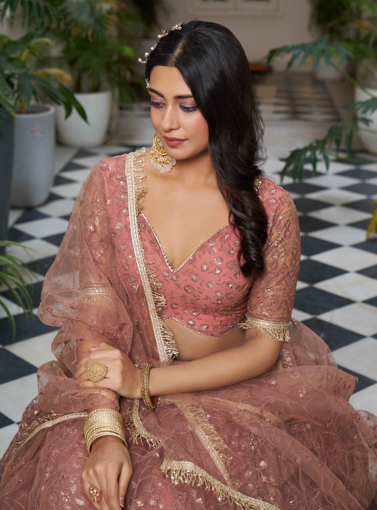 Women's Rust Net Thread Embroidery Lehenga Set