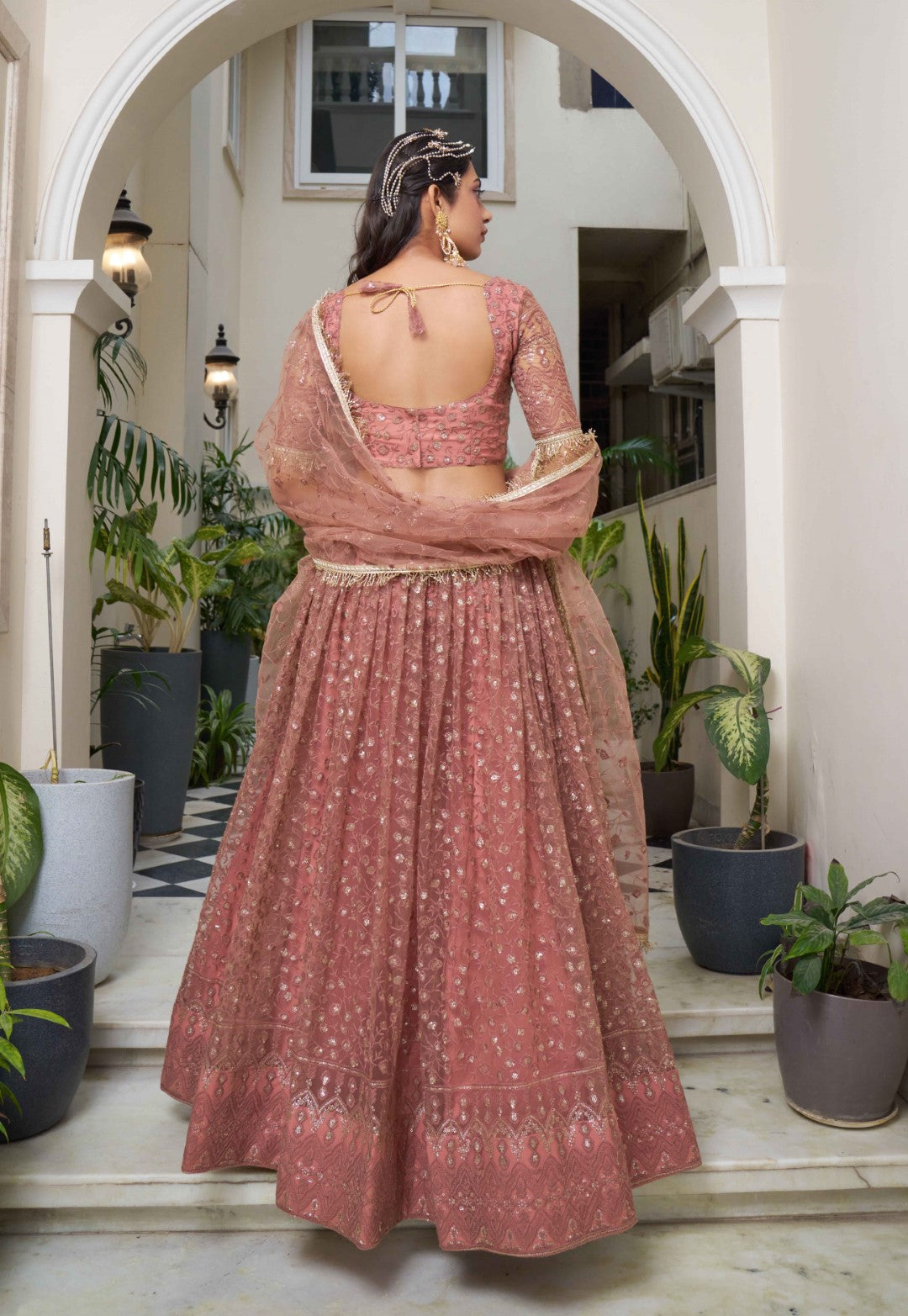 Women's Rust Net Thread Embroidery Lehenga Set - Gruhnaree