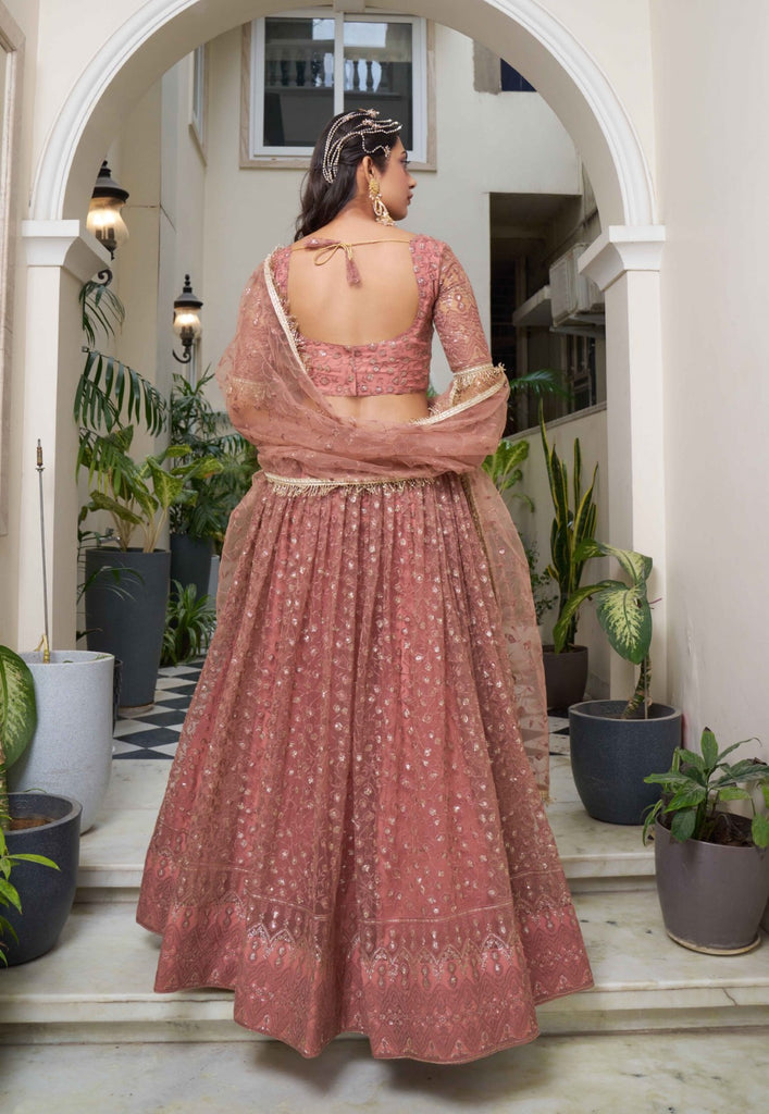 Women's Rust Net Thread Embroidery Lehenga Set