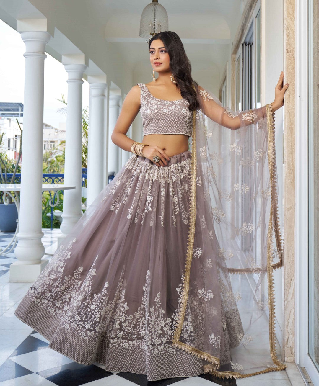 Women's Light Dusty Net Thread Embroidery Lehenga Set - Gruhnaree