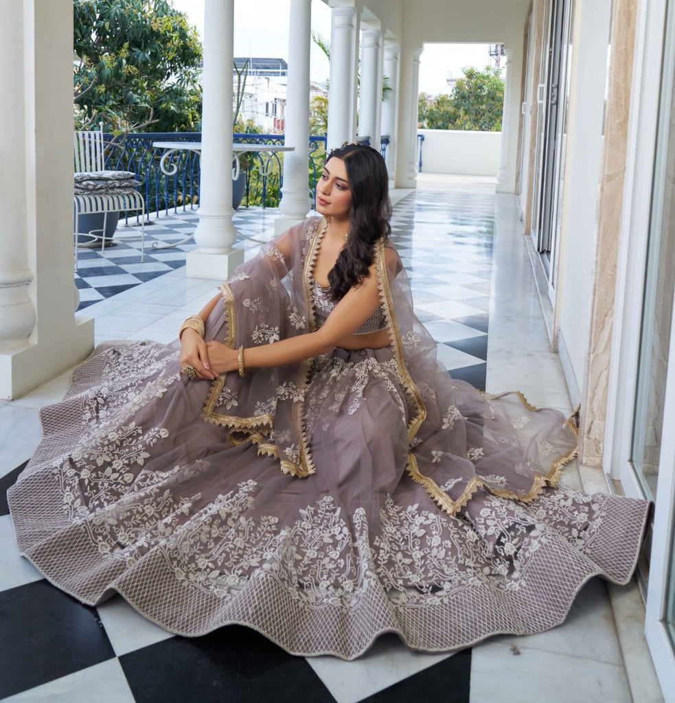Women's Light Dusty Net Thread Embroidery Lehenga Set