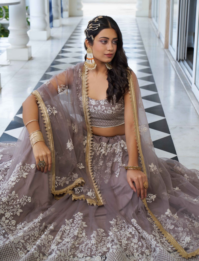 Women's Light Dusty Net Thread Embroidery Lehenga Set