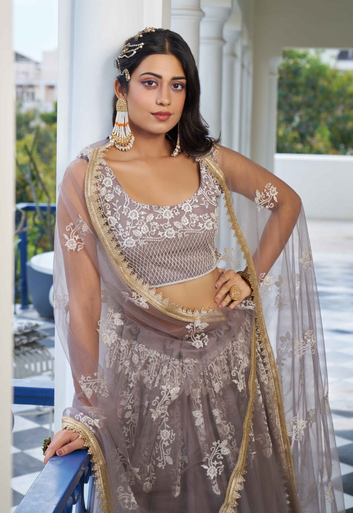 Women's Light Dusty Net Thread Embroidery Lehenga Set