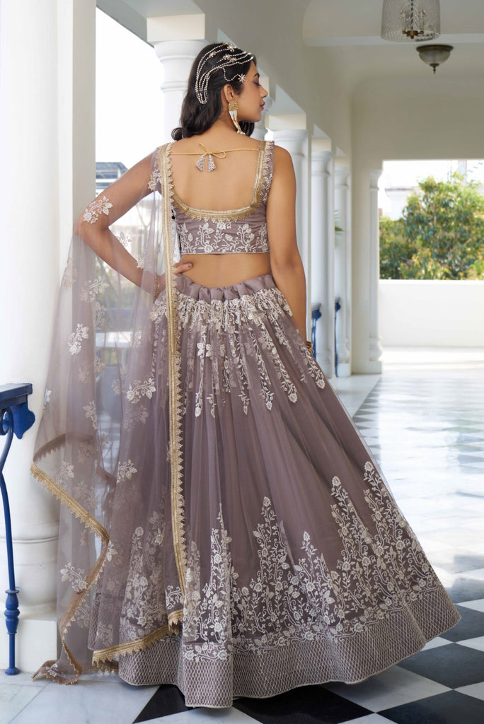 Women's Light Dusty Net Thread Embroidery Lehenga Set