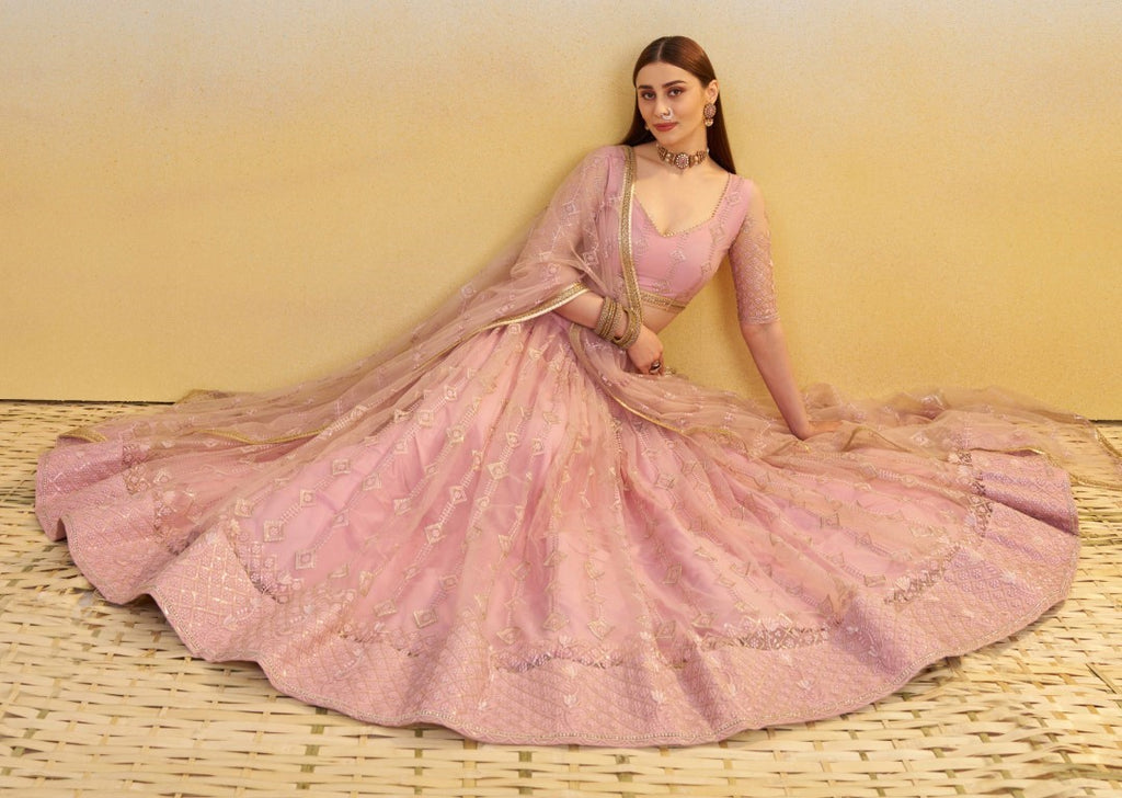 Women's Pink Net Thread Embroiderey With All Over Sequins Work Lehenga Set