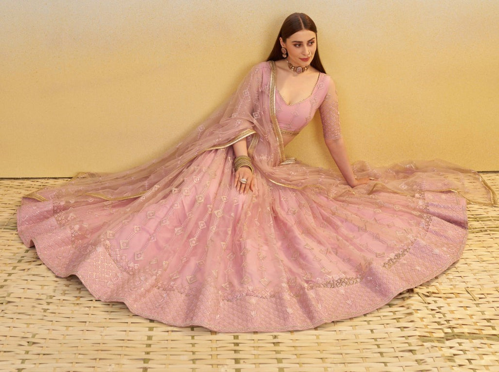 Women's Pink Net Thread Embroiderey With All Over Sequins Work Lehenga Set