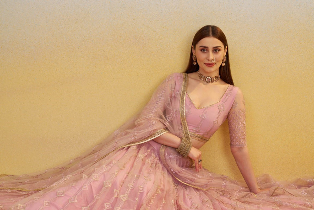Women's Pink Net Thread Embroiderey With All Over Sequins Work Lehenga Set