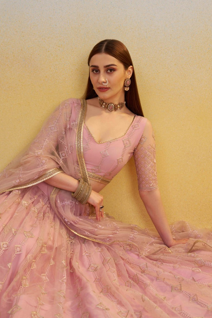 Women's Pink Net Thread Embroiderey With All Over Sequins Work Lehenga Set