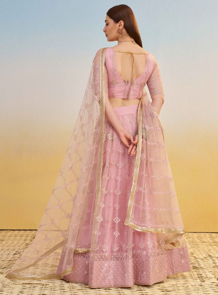 Women's Pink Net Thread Embroiderey With All Over Sequins Work Lehenga Set