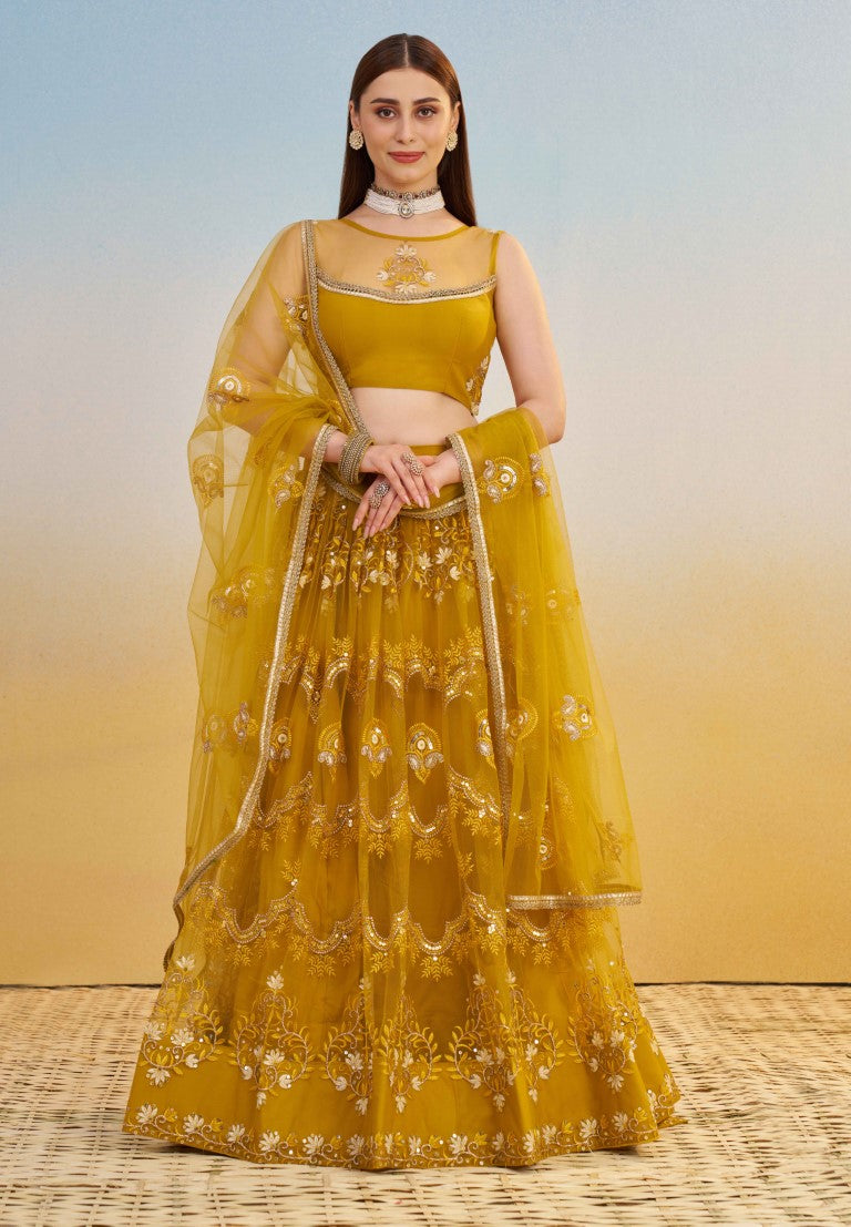Women's Mustard Yellow Net Thread Embroiderey With All Over Sequins Work Lehenga Set