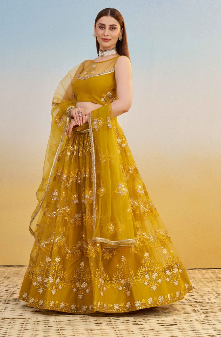Women's Mustard Yellow Net Thread Embroiderey With All Over Sequins Work Lehenga Set