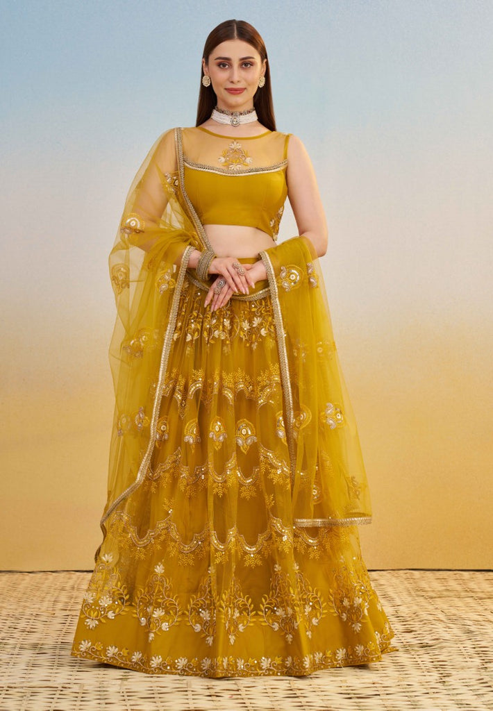 Women's Mustard Yellow Net Thread Embroiderey With All Over Sequins Work Lehenga Set