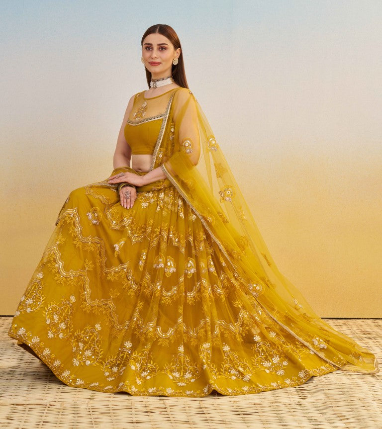 Women's Mustard Yellow Net Thread Embroiderey With All Over Sequins Work Lehenga Set