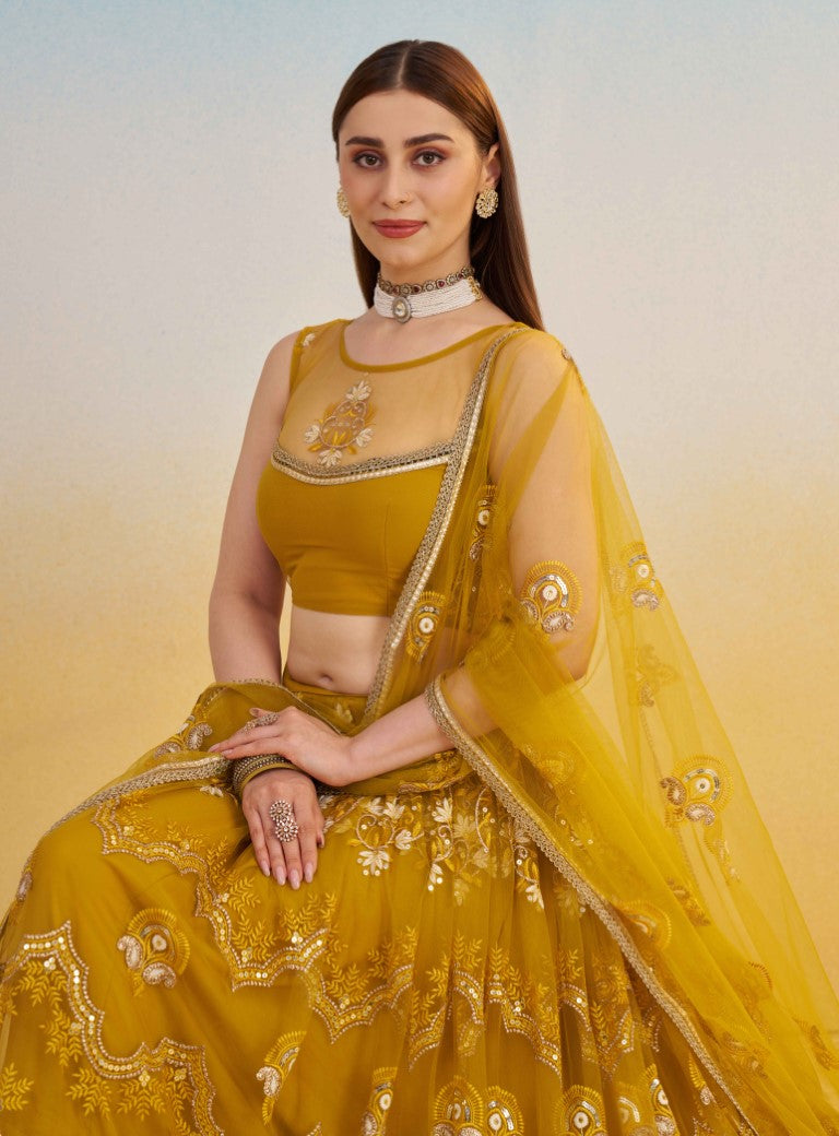 Women's Mustard Yellow Net Thread Embroiderey With All Over Sequins Work Lehenga Set