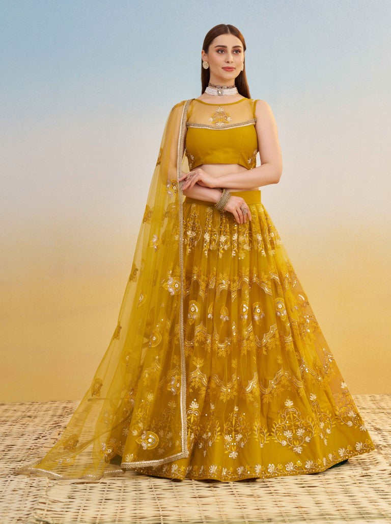 Women's Mustard Yellow Net Thread Embroiderey With All Over Sequins Work Lehenga Set