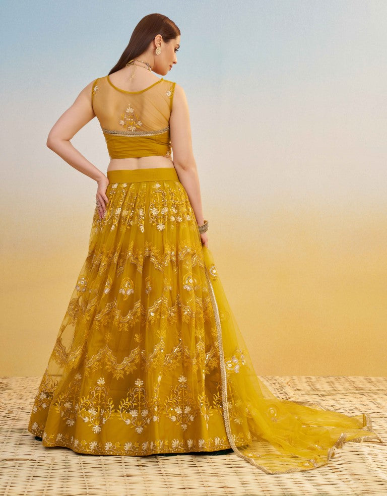 Women's Mustard Yellow Net Thread Embroiderey With All Over Sequins Work Lehenga Set