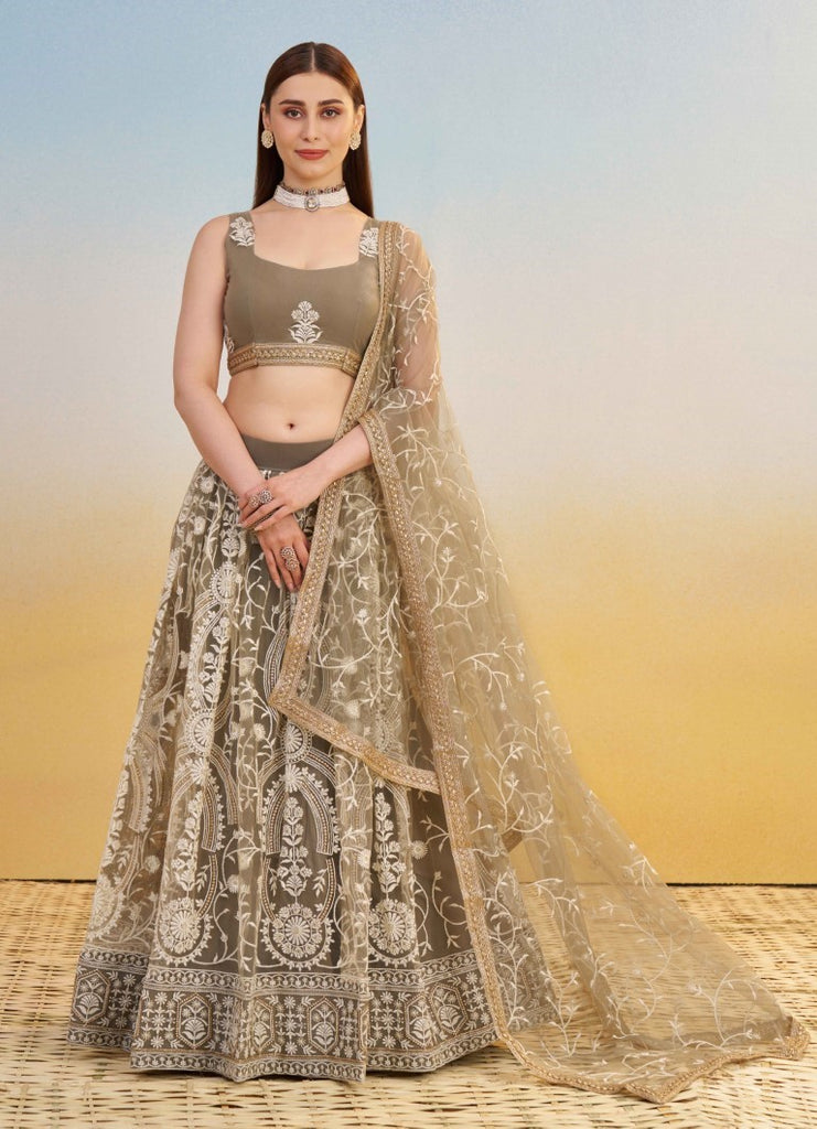 Women's Ivory Net Thread Embroiderey With All Over Sequins Work Lehenga Set