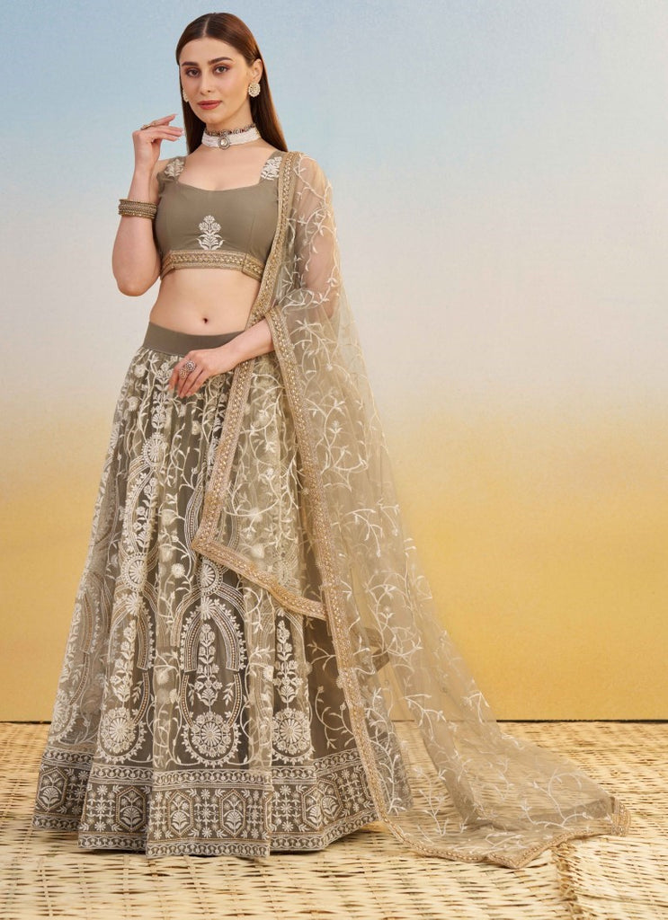 Women's Ivory Net Thread Embroiderey With All Over Sequins Work Lehenga Set