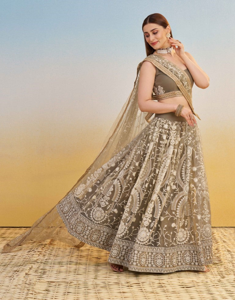 Women's Ivory Net Thread Embroiderey With All Over Sequins Work Lehenga Set