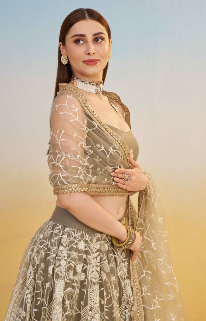 Women's Ivory Net Thread Embroiderey With All Over Sequins Work Lehenga Set