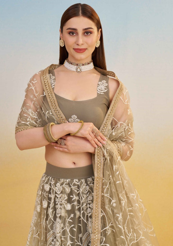 Women's Ivory Net Thread Embroiderey With All Over Sequins Work Lehenga Set