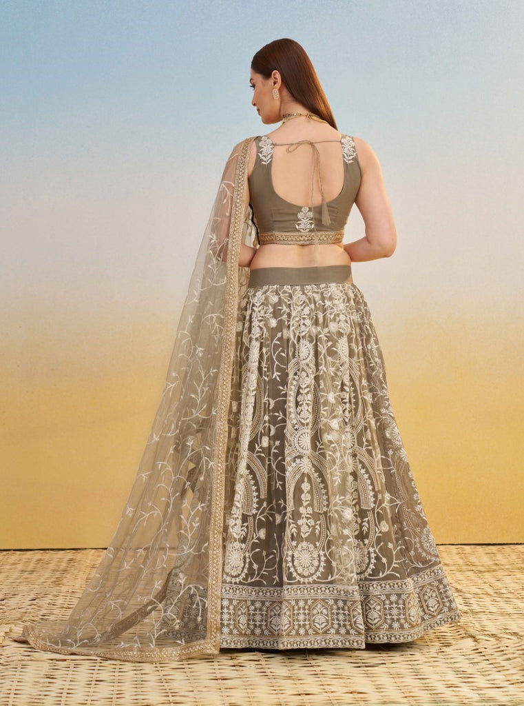 Women's Ivory Net Thread Embroiderey With All Over Sequins Work Lehenga Set