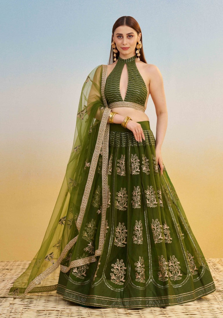 Women's Mehandi Green Net Thread Embroiderey With All Over Sequins Work Lehenga Set