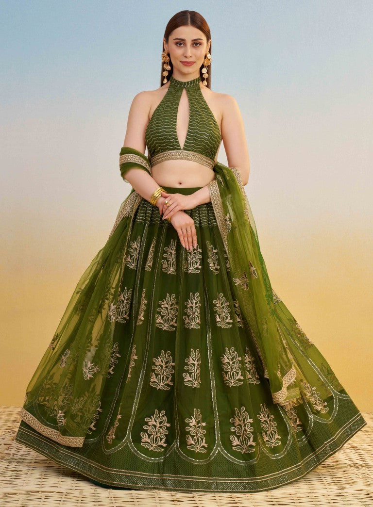 Women's Mehandi Green Net Thread Embroiderey With All Over Sequins Work Lehenga Set