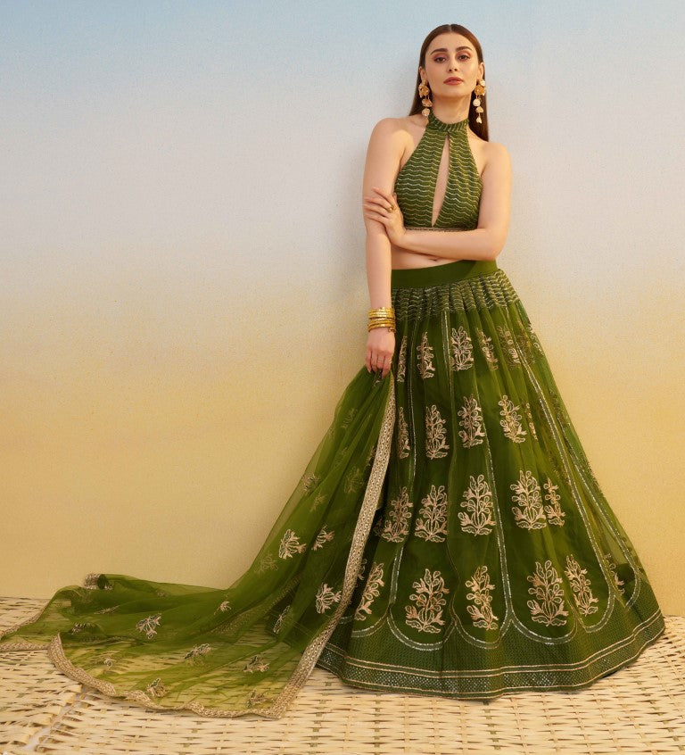 Women's Mehandi Green Net Thread Embroiderey With All Over Sequins Work Lehenga Set