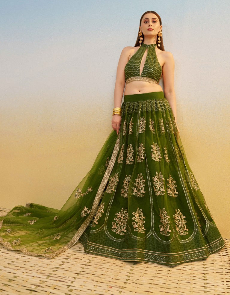 Women's Mehandi Green Net Thread Embroiderey With All Over Sequins Work Lehenga Set