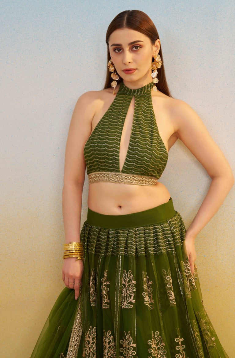 Women's Mehandi Green Net Thread Embroiderey With All Over Sequins Work Lehenga Set