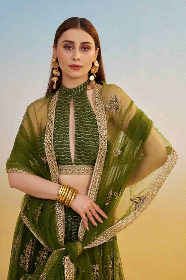 Women's Mehandi Green Net Thread Embroiderey With All Over Sequins Work Lehenga Set