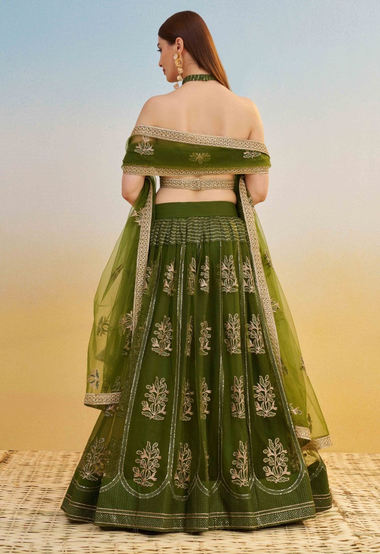 Women's Mehandi Green Net Thread Embroiderey With All Over Sequins Work Lehenga Set
