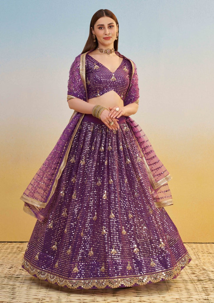 Women's Purple Net Thread Embroiderey With All Over Sequins Work Lehenga Set